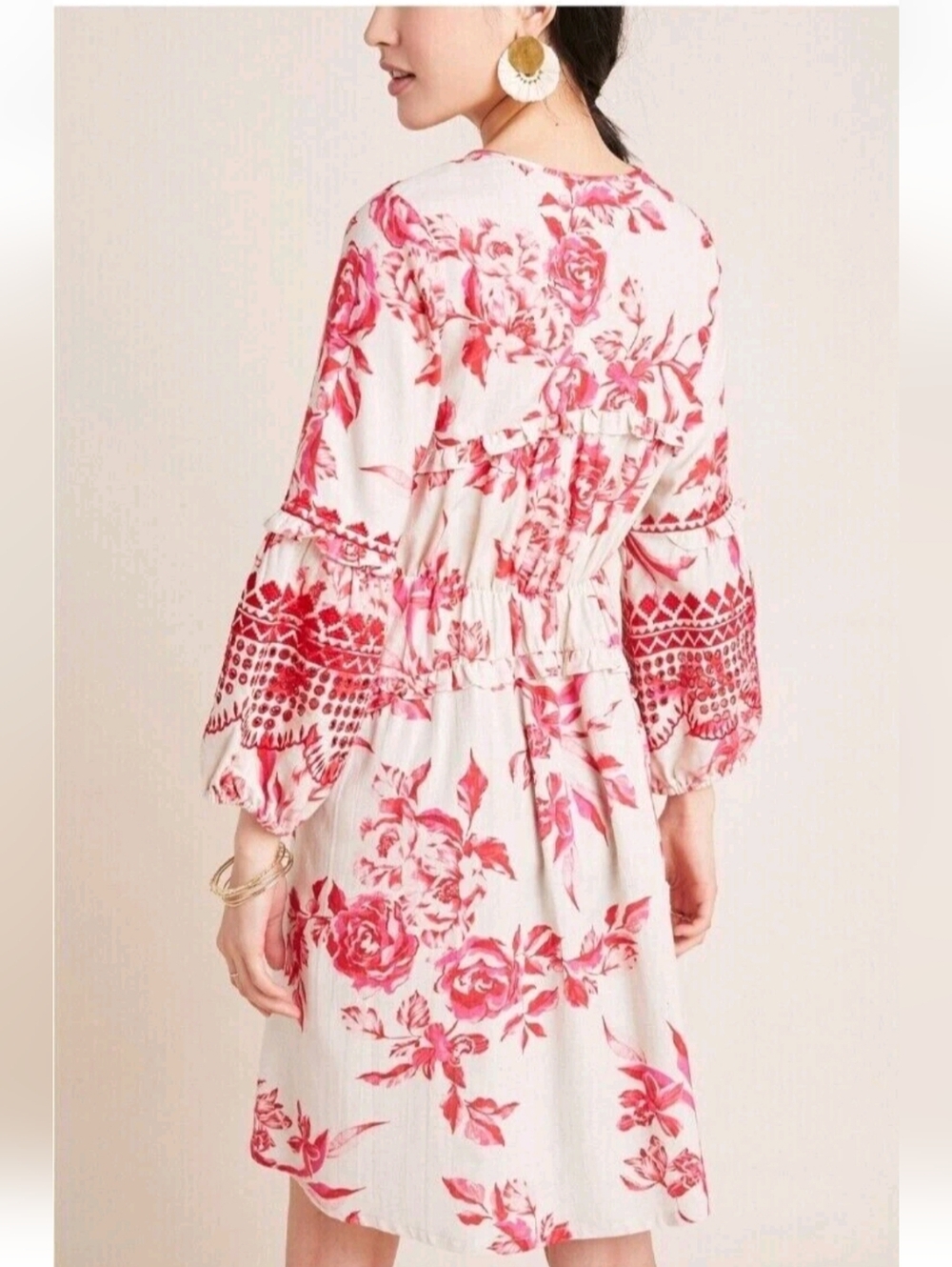 Vineet Dahl Anthropologie Pink Toile Linen Embroidered Dress Size L - Picture 2 of 8